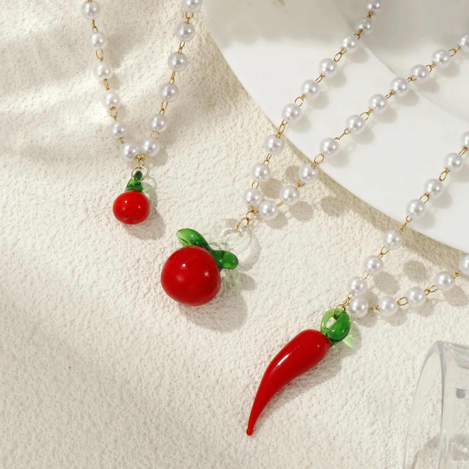 304 Stainless Steel & Lampwork Glass Pendant Necklace 18K Gold Plated Beaded Chain Apple Chili Mango Charm 45cm For Women Gift