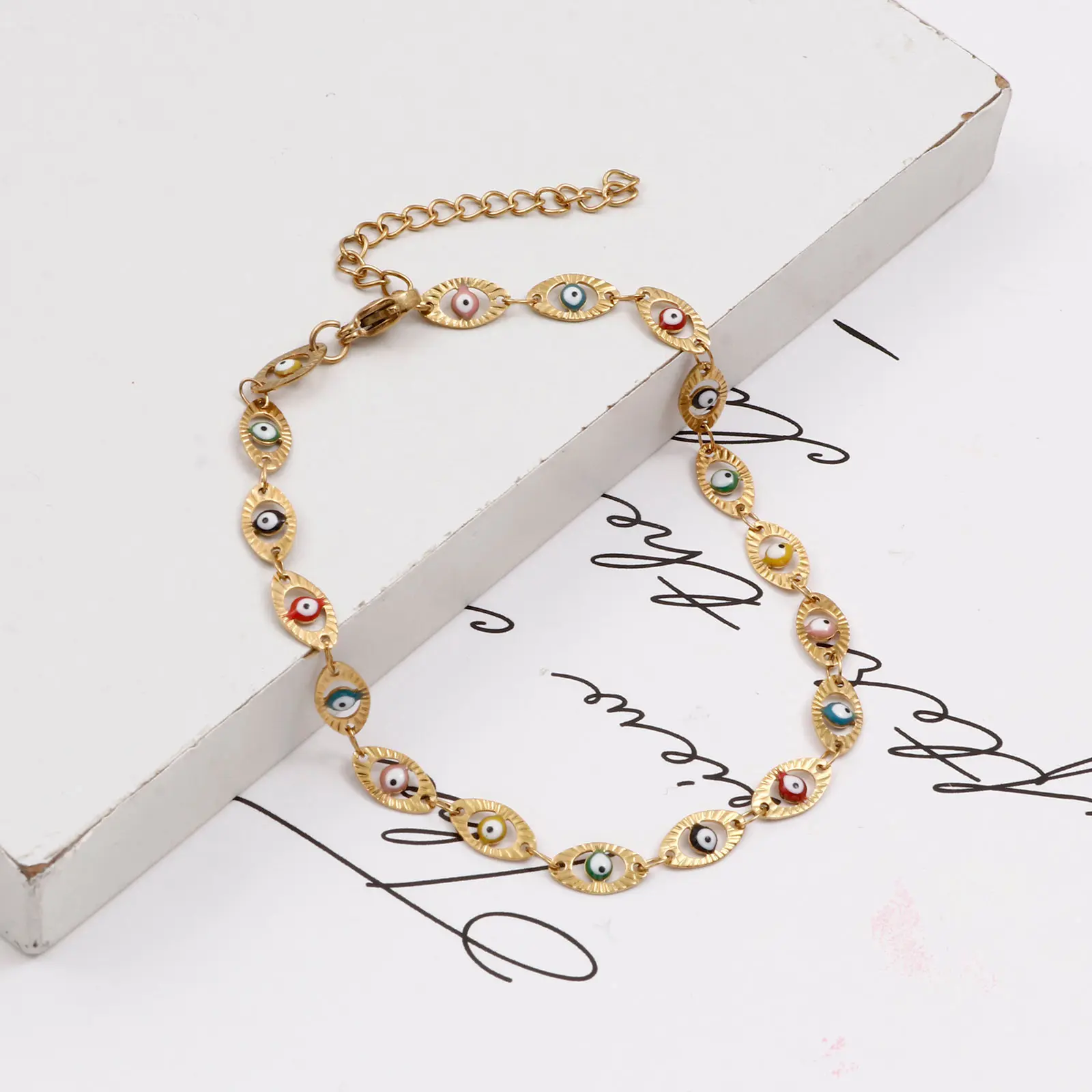 304 Stainless Steel Religious Evil Eye Anklet Multicolor Metal Enamel Link Chain Women Summer Beach Foot Show Jewelry, 1 Piece