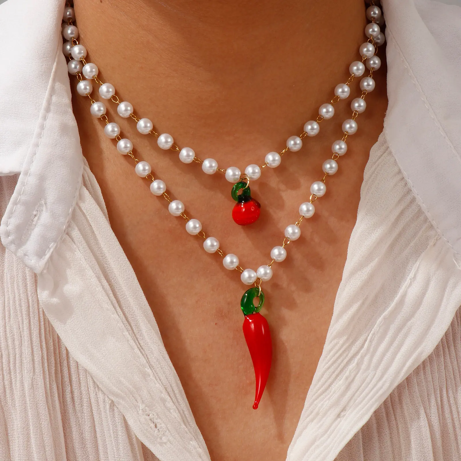 304 Stainless Steel & Lampwork Glass Pendant Necklace 18K Gold Plated Beaded Chain Apple Chili Mango Charm 45cm For Women Gift
