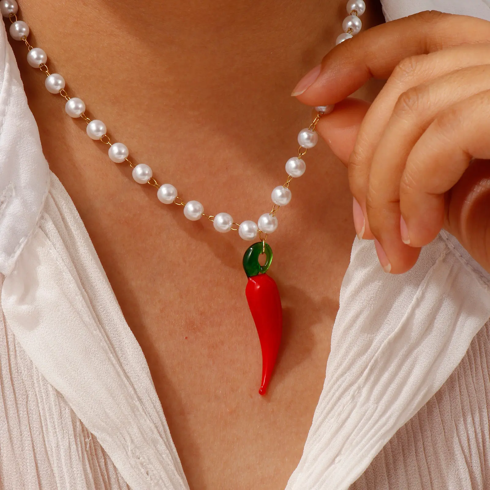 304 Stainless Steel & Lampwork Glass Pendant Necklace 18K Gold Plated Beaded Chain Apple Chili Mango Charm 45cm For Women Gift