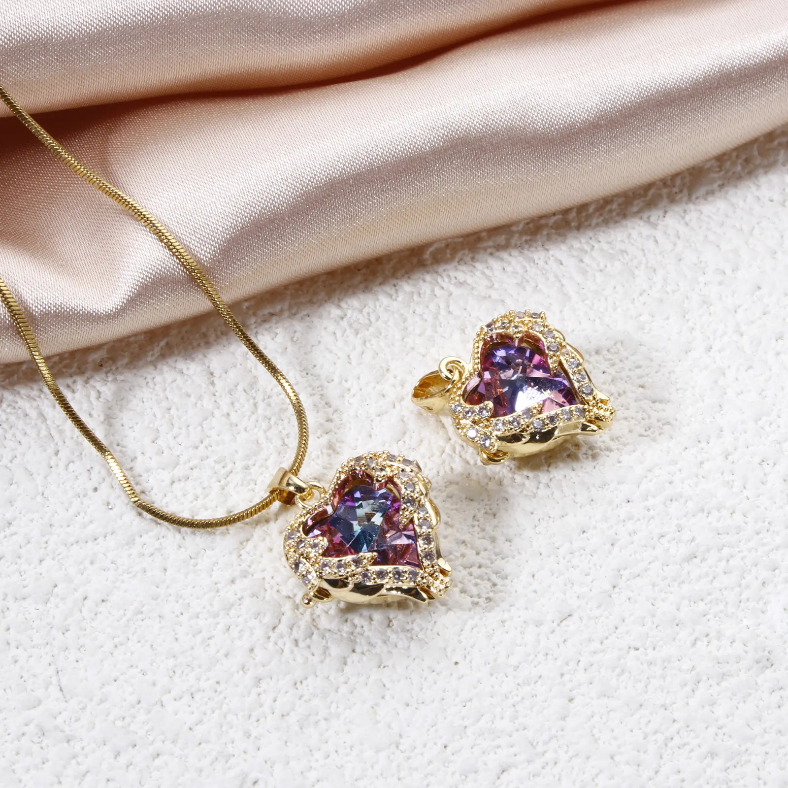 2 PCs Brass & Glass Valentine's Day Charm Pendant 18K Gold Plated AB Rainbow Color Heart Clear Cubic Zirconia 21mm x 16mm