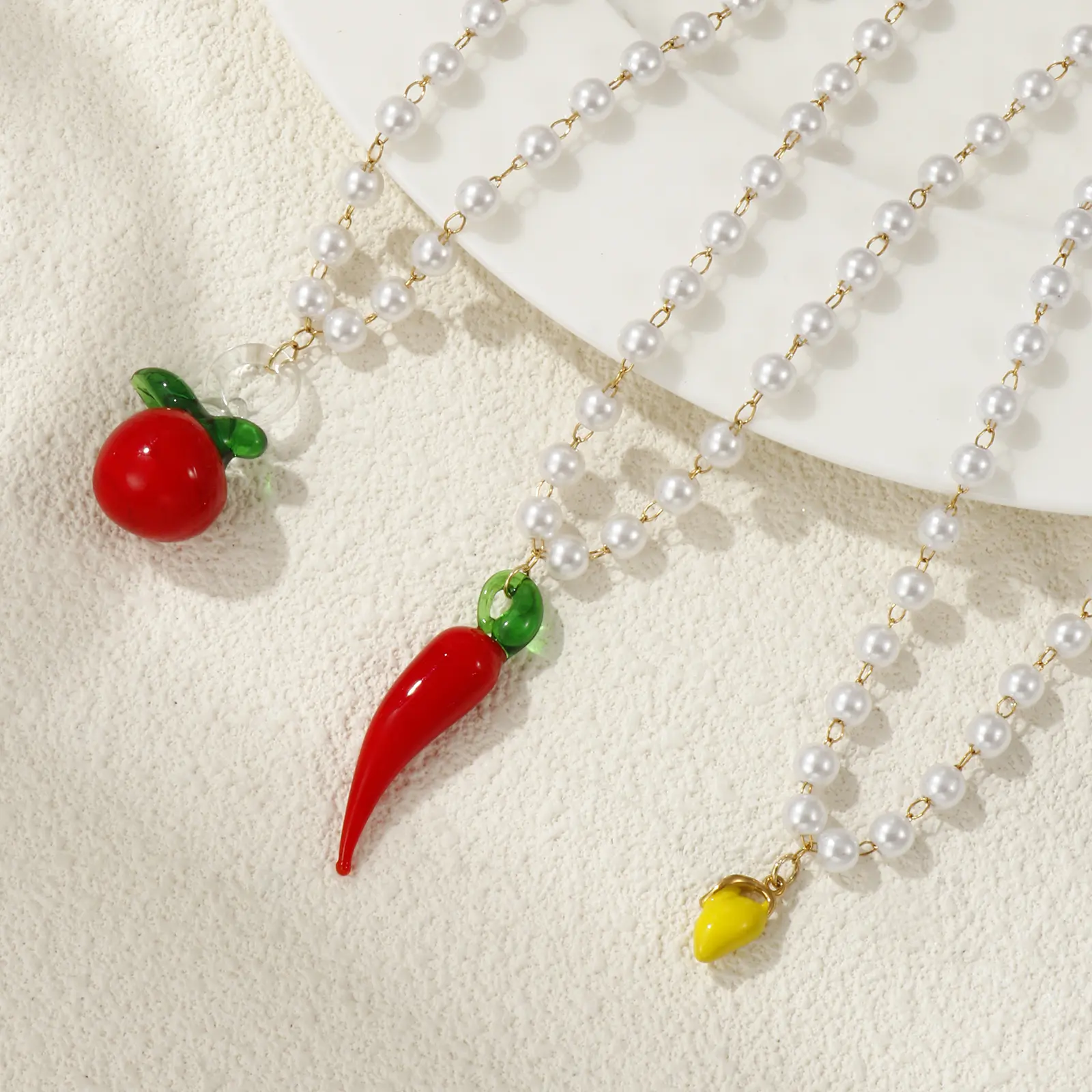 304 Stainless Steel & Lampwork Glass Pendant Necklace 18K Gold Plated Beaded Chain Apple Chili Mango Charm 45cm For Women Gift