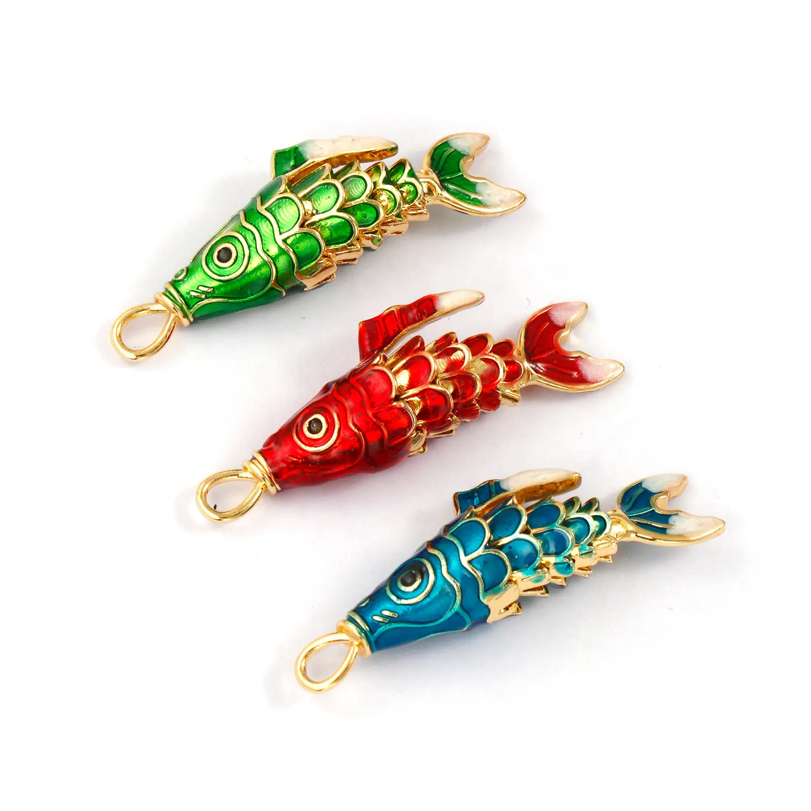 1 Piece Movable Brass Ocean Jewelry Fish Pendants 18K Gold Plated Enamel Red Green Blue Fish For DIY Neckalce Making 3.8x1.3cm