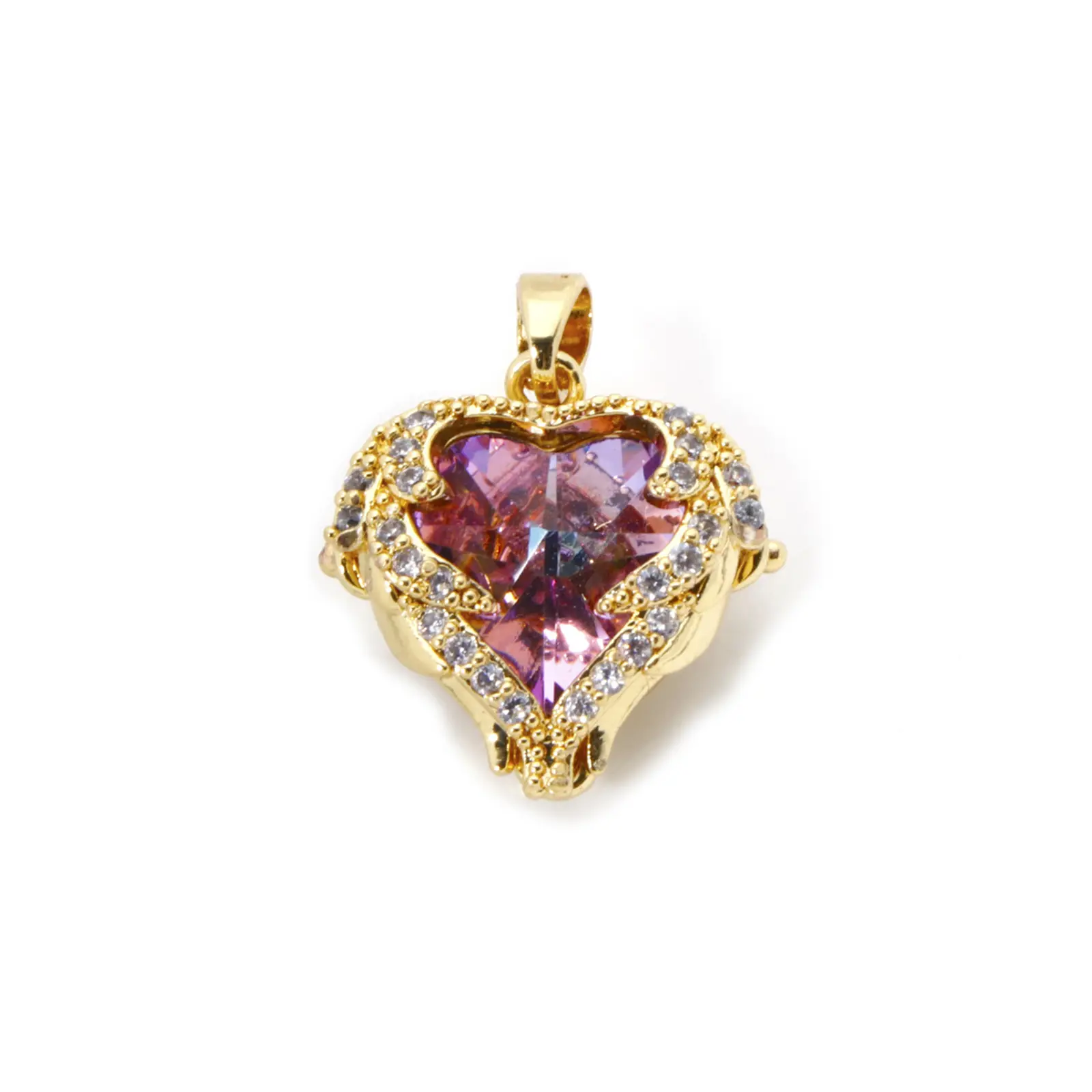 2 PCs Brass & Glass Valentine's Day Charm Pendant 18K Gold Plated AB Rainbow Color Heart Clear Cubic Zirconia 21mm x 16mm