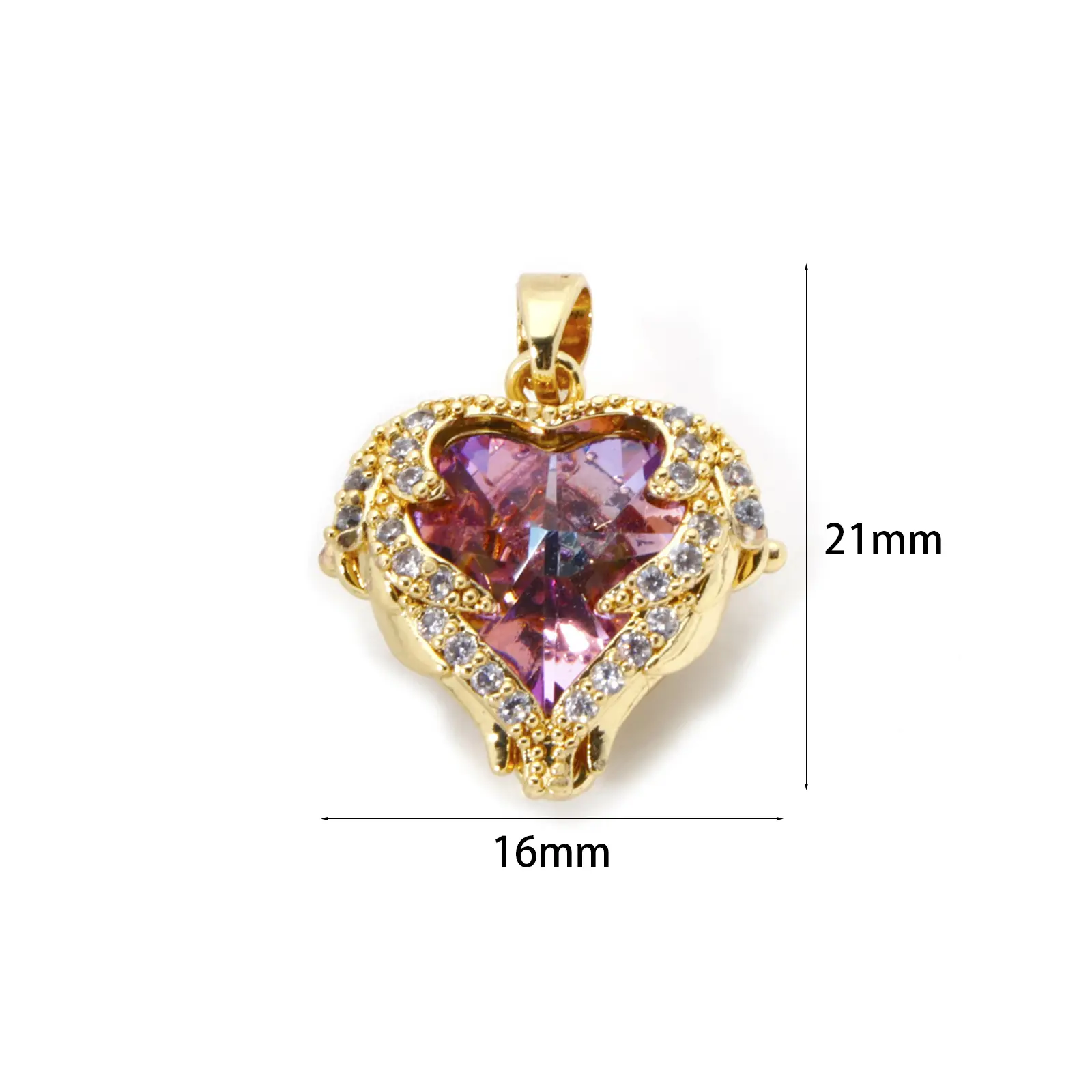 2 PCs Brass & Glass Valentine's Day Charm Pendant 18K Gold Plated AB Rainbow Color Heart Clear Cubic Zirconia 21mm x 16mm