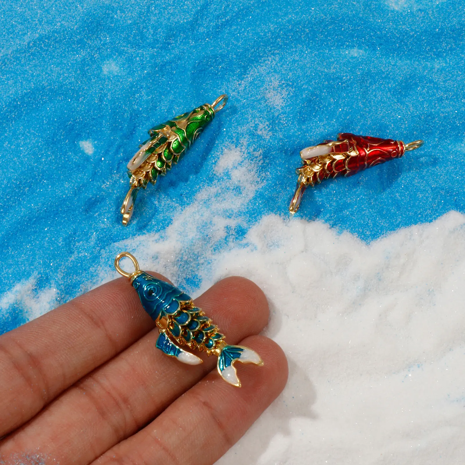 1 Piece Movable Brass Ocean Jewelry Fish Pendants 18K Gold Plated Enamel Red Green Blue Fish For DIY Neckalce Making 3.8x1.3cm