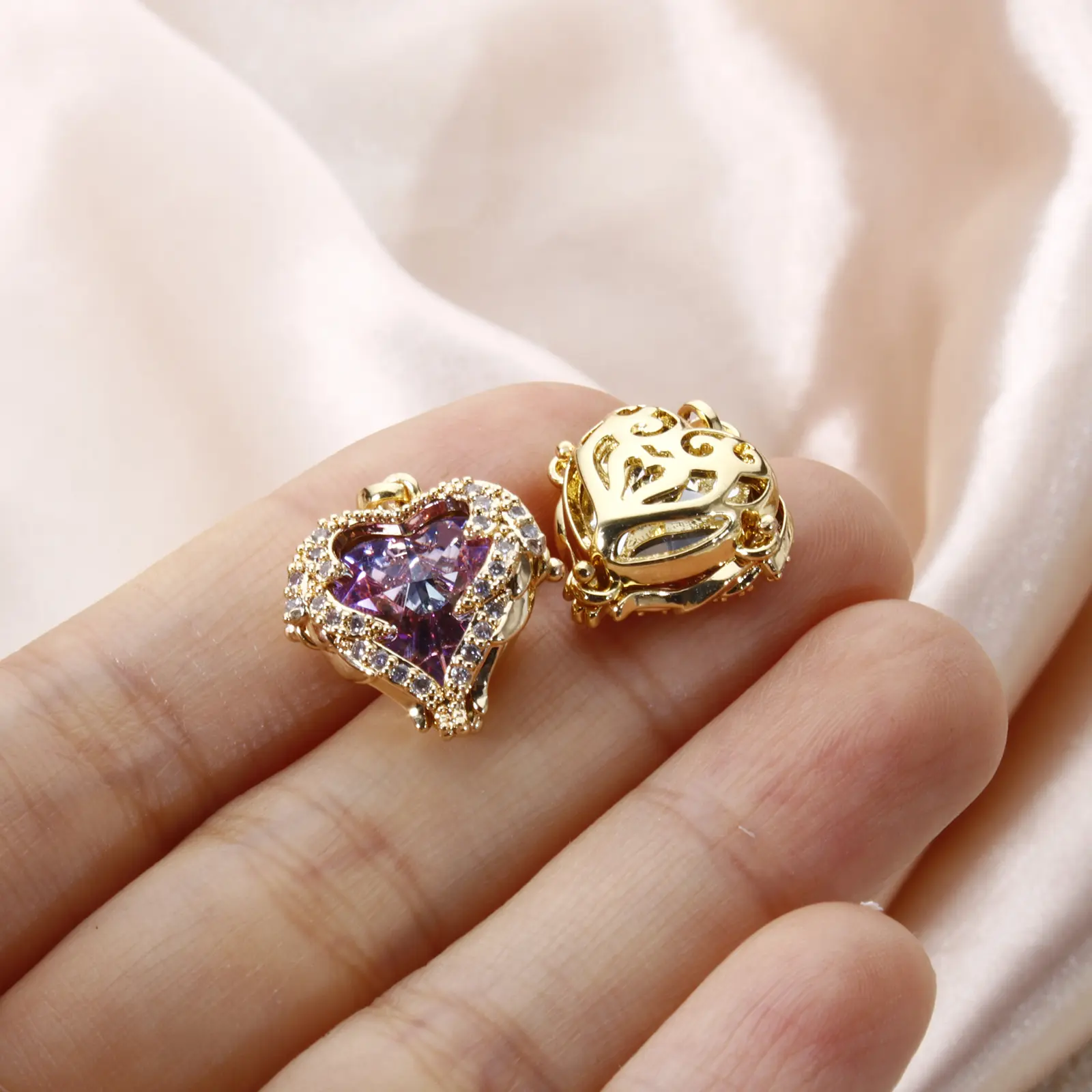 2 PCs Brass & Glass Valentine's Day Charm Pendant 18K Gold Plated AB Rainbow Color Heart Clear Cubic Zirconia 21mm x 16mm
