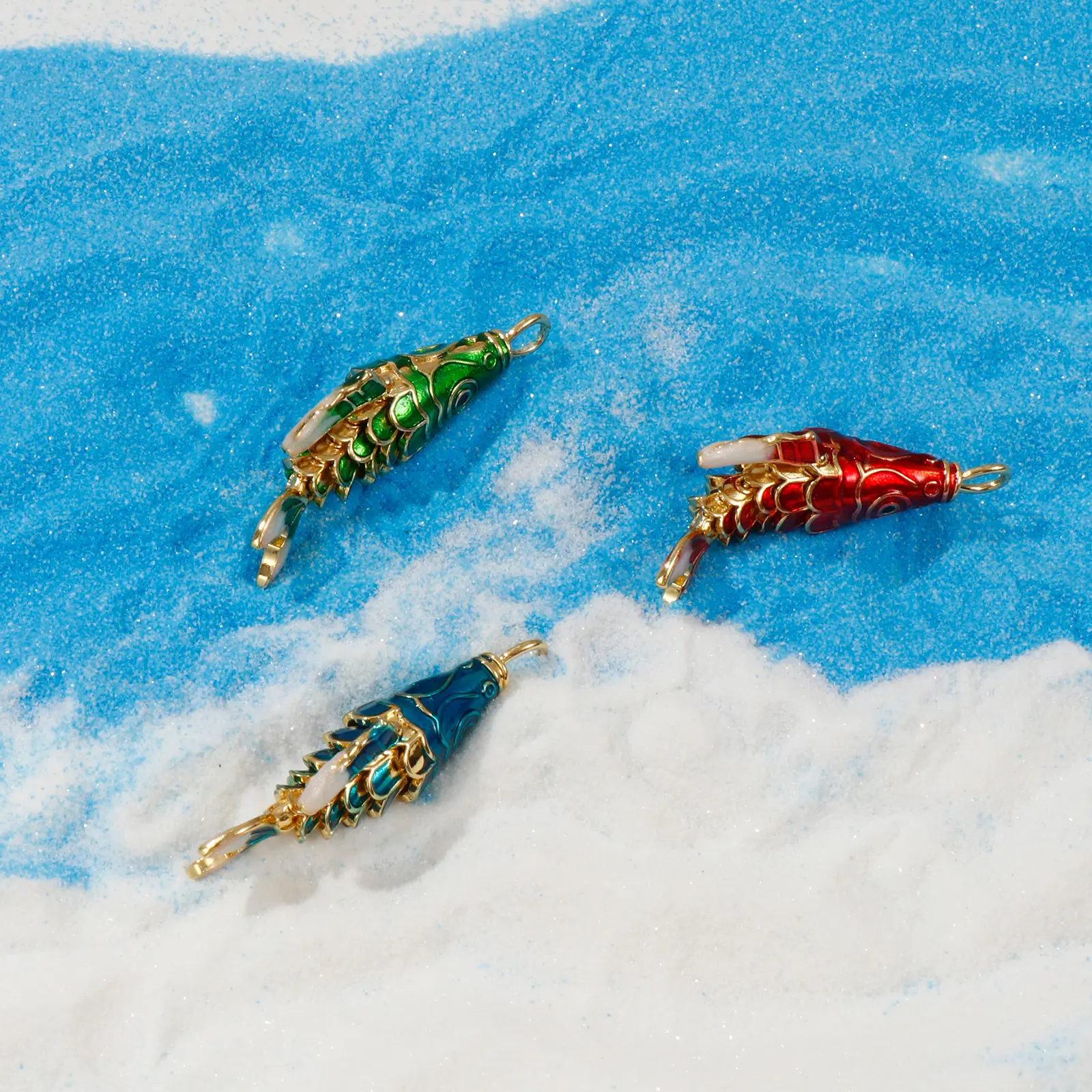 1 Piece Movable Brass Ocean Jewelry Fish Pendants 18K Gold Plated Enamel Red Green Blue Fish For DIY Neckalce Making 3.8x1.3cm