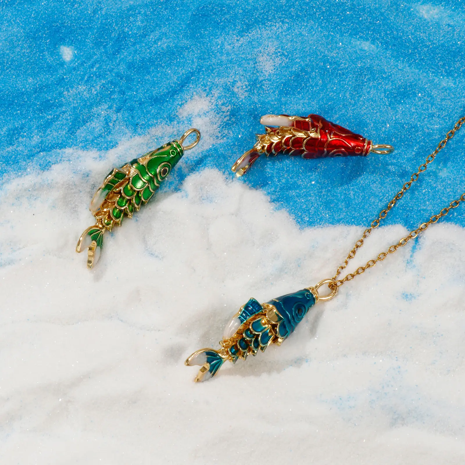 1 Piece Movable Brass Ocean Jewelry Fish Pendants 18K Gold Plated Enamel Red Green Blue Fish For DIY Neckalce Making 3.8x1.3cm