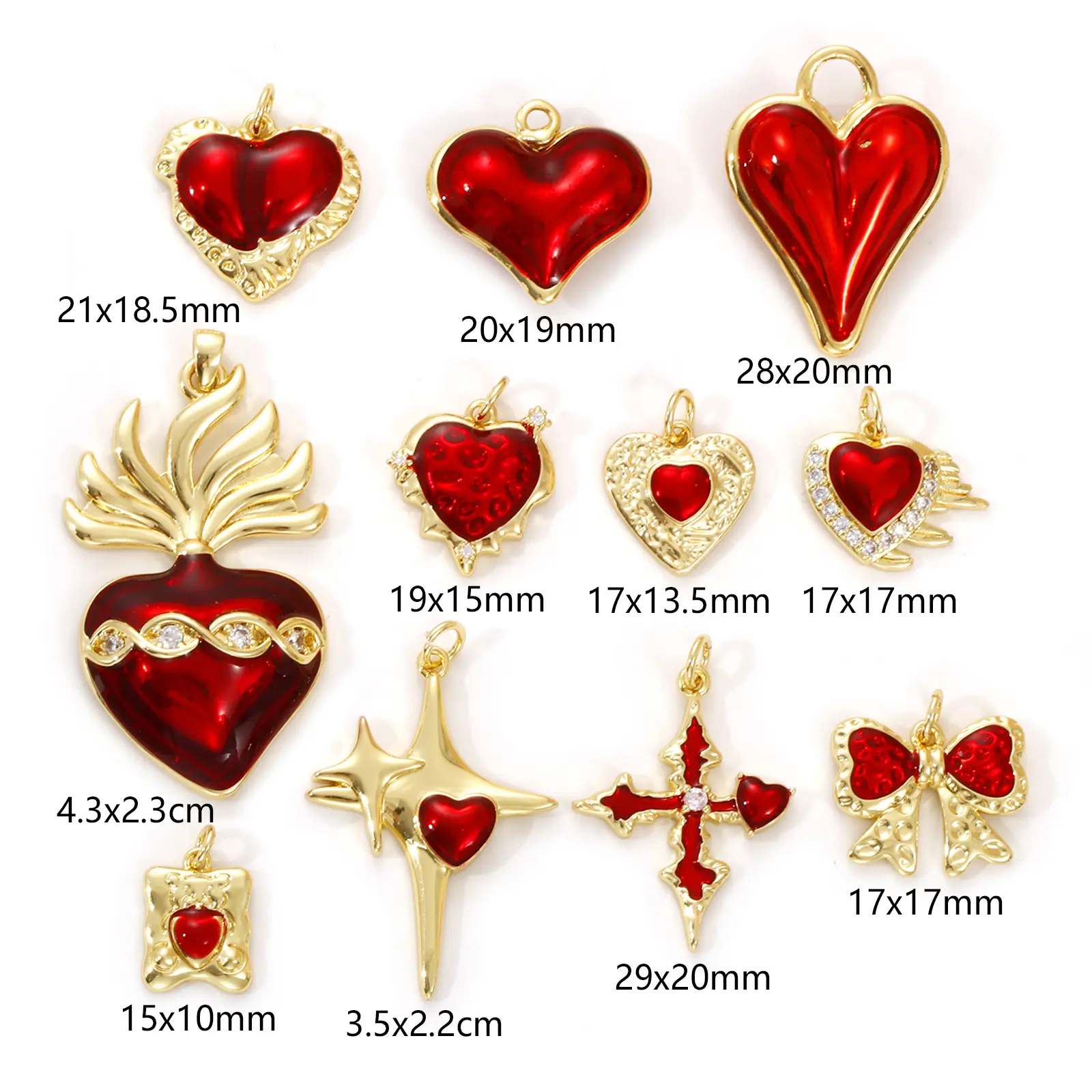 1 Piece Brass Charms 18K Real Gold Plated Red Enamel Heart Ex Voto Cross Bow Pendant For DIY Necklace Bracelet Jewelry Making