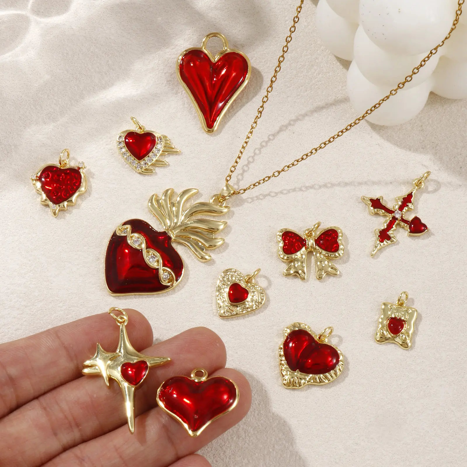 1 Piece Brass Charms 18K Real Gold Plated Red Enamel Heart Ex Voto Cross Bow Pendant For DIY Necklace Bracelet Jewelry Making
