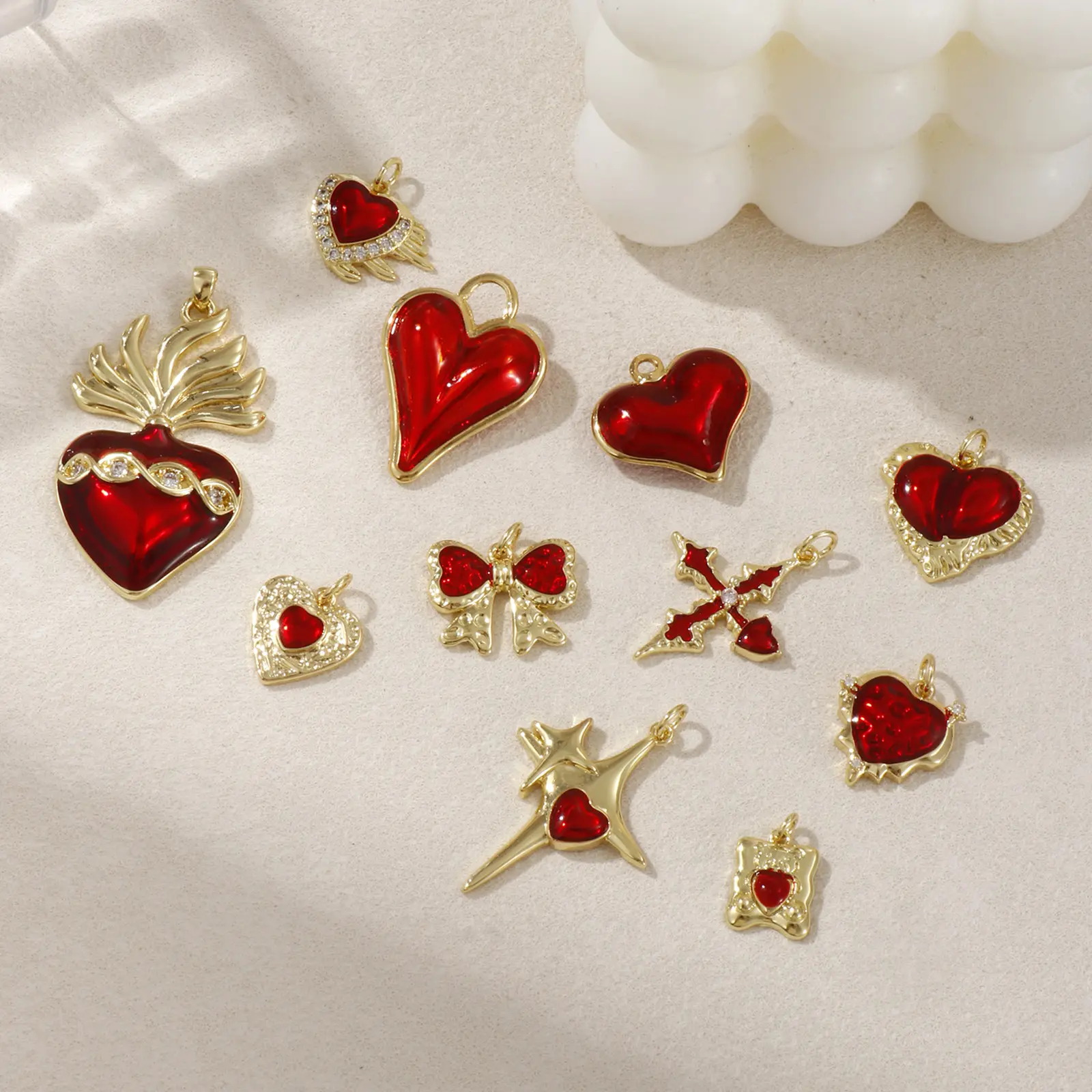 1 Piece Brass Charms 18K Real Gold Plated Red Enamel Heart Ex Voto Cross Bow Pendant For DIY Necklace Bracelet Jewelry Making