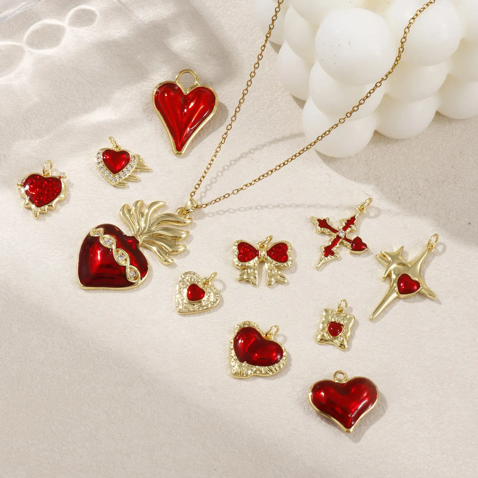 1 Piece Brass Charms 18K Real Gold Plated Red Enamel Heart Ex Voto Cross Bow Pendant For DIY Necklace Bracelet Jewelry Making