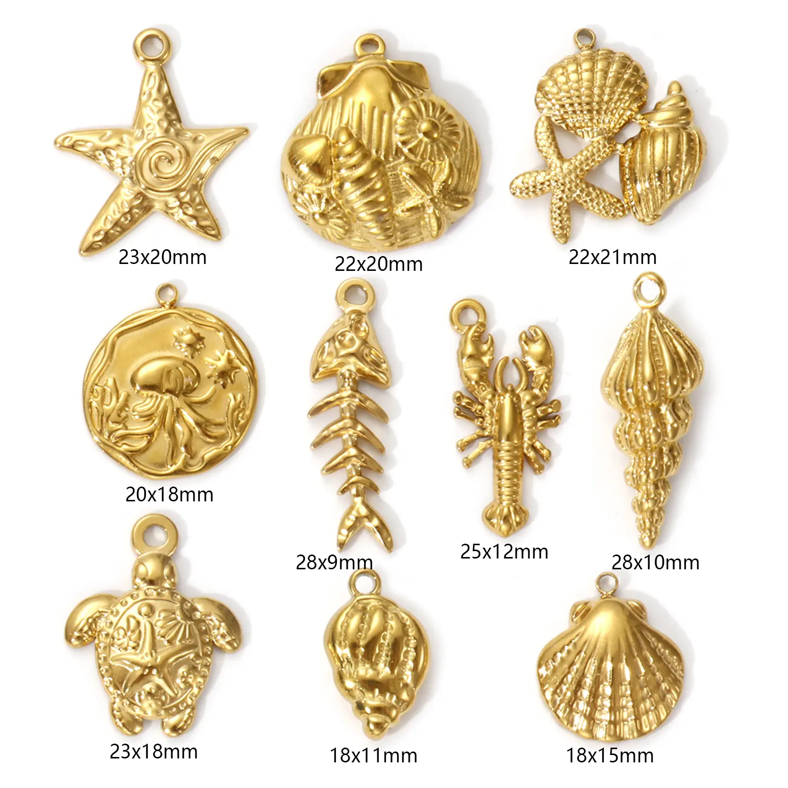 2 PCs 304 Stainless Steel Charms 18K Real Gold Plated Sea Star Conch Shell Fish Lobster Turtle Pendants Forf DIY Jewelry Making