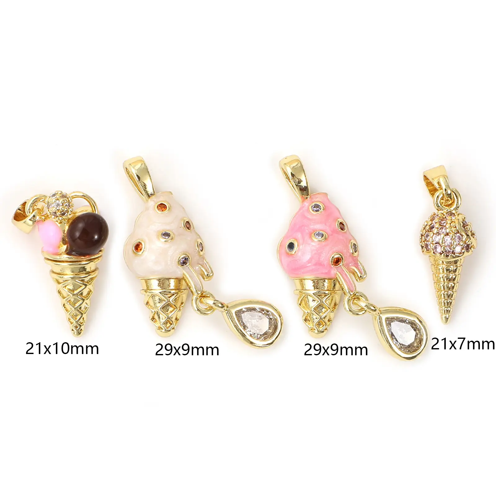 2 PCs Brass & Cubic Zirconia Charms 18K Gold Plated Ice Cream Cone Pendants For DIY Necklace Bracelet Jewelry Making Findings