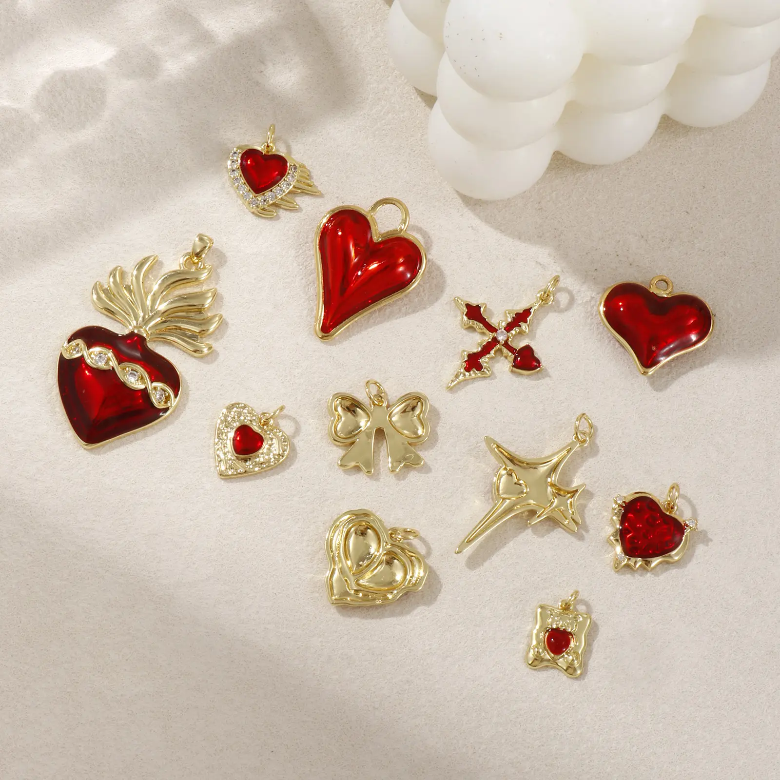 1 Piece Brass Charms 18K Real Gold Plated Red Enamel Heart Ex Voto Cross Bow Pendant For DIY Necklace Bracelet Jewelry Making