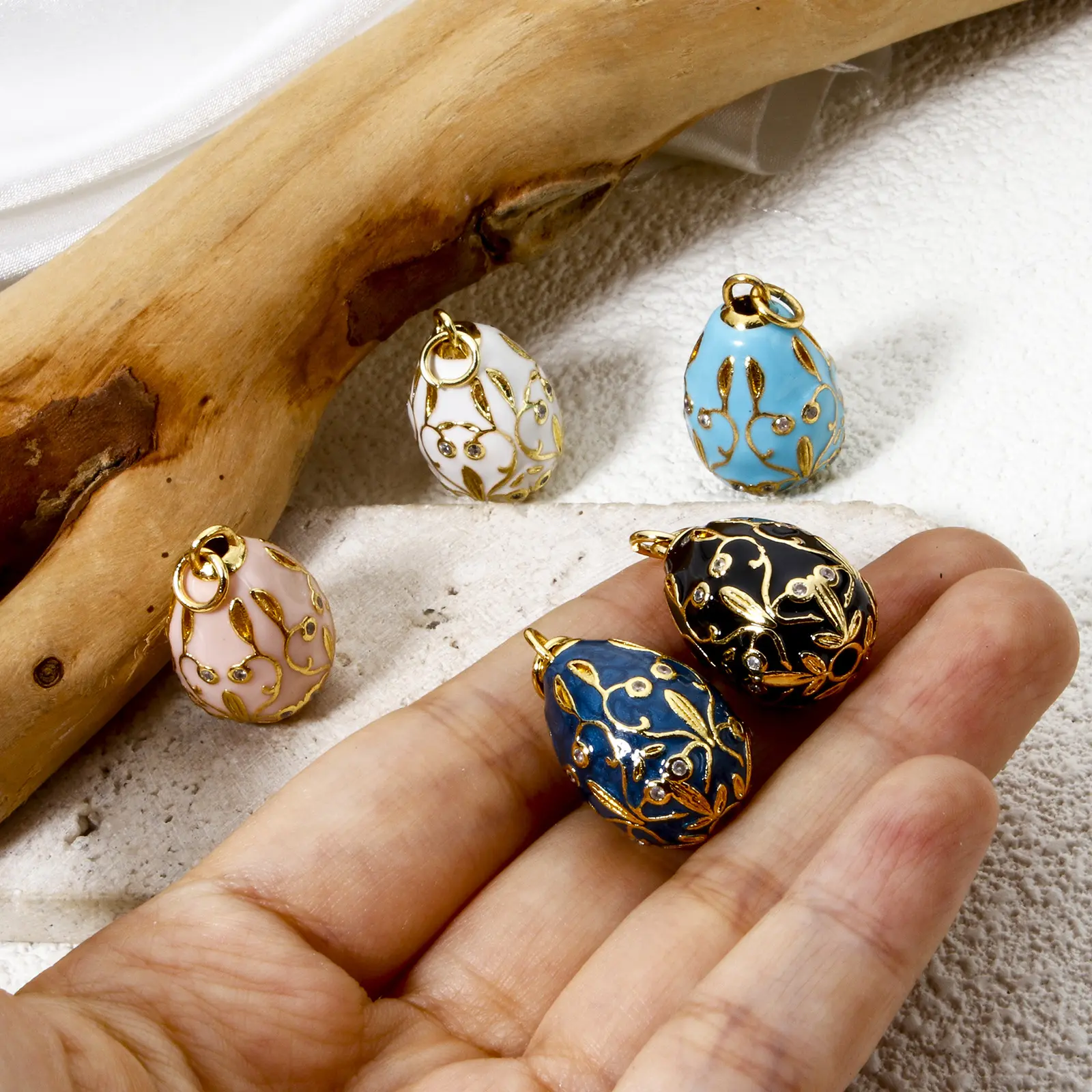 1 Piece Brass Easter Day Charms For Jewelry Making Faberge Egg Flower Vine Enamel Clear Cubic Zirconia Pendant DIY 28mm x 15.5mm