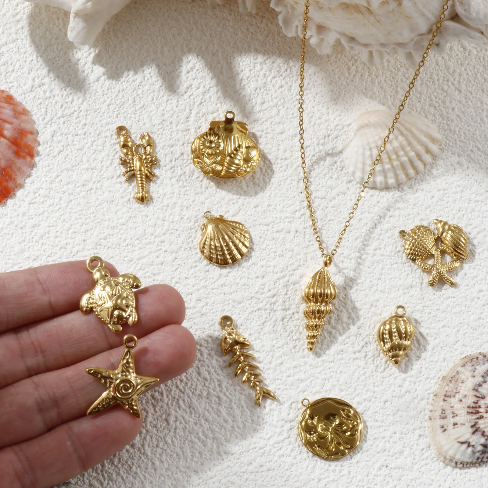 2 PCs 304 Stainless Steel Charms 18K Real Gold Plated Sea Star Conch Shell Fish Lobster Turtle Pendants Forf DIY Jewelry Making