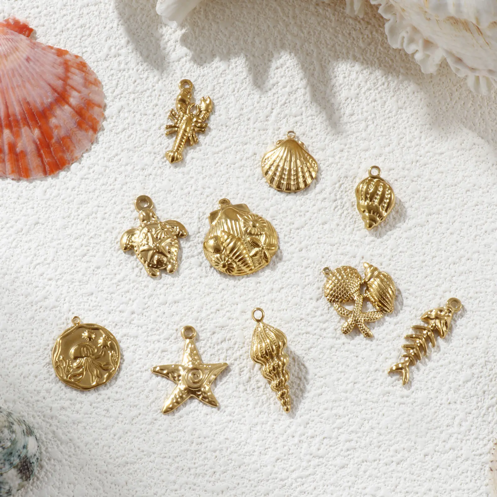 2 PCs 304 Stainless Steel Charms 18K Real Gold Plated Sea Star Conch Shell Fish Lobster Turtle Pendants Forf DIY Jewelry Making