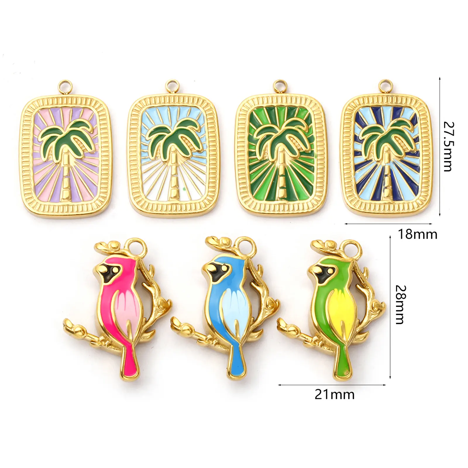 1 Piece 304 Stainless Steel Charms 18K Gold Plated Enamel Rectangle Coconut Tree Parrot Pendant For DIY Neckalce Jewlery Making