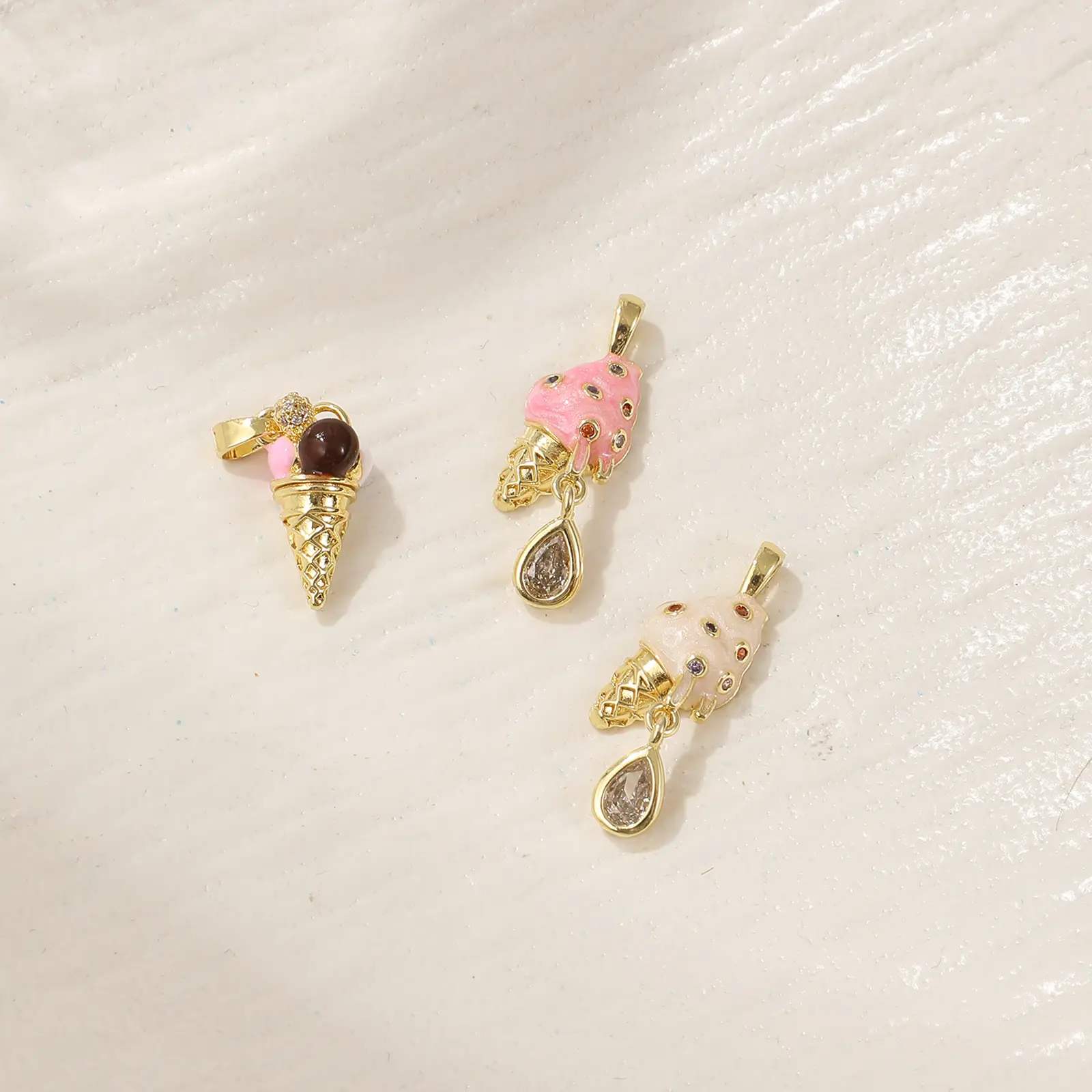 2 PCs Brass & Cubic Zirconia Charms 18K Gold Plated Ice Cream Cone Pendants For DIY Necklace Bracelet Jewelry Making Findings
