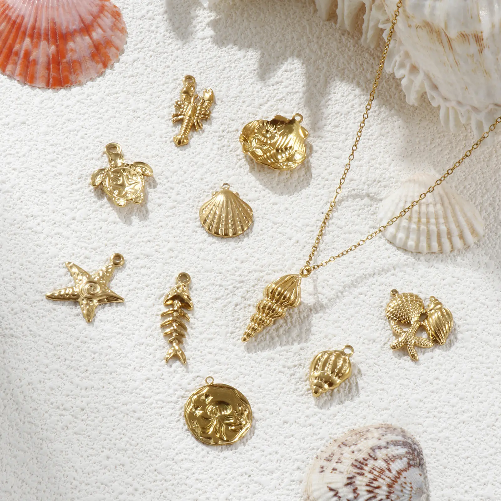 2 PCs 304 Stainless Steel Charms 18K Real Gold Plated Sea Star Conch Shell Fish Lobster Turtle Pendants Forf DIY Jewelry Making