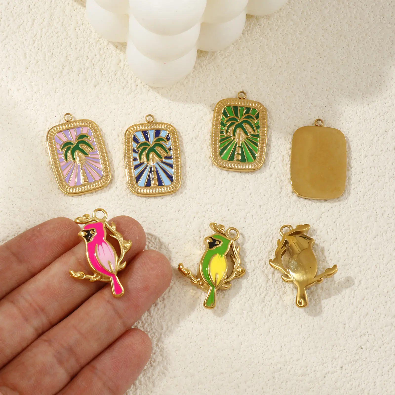 1 Piece 304 Stainless Steel Charms 18K Gold Plated Enamel Rectangle Coconut Tree Parrot Pendant For DIY Neckalce Jewlery Making