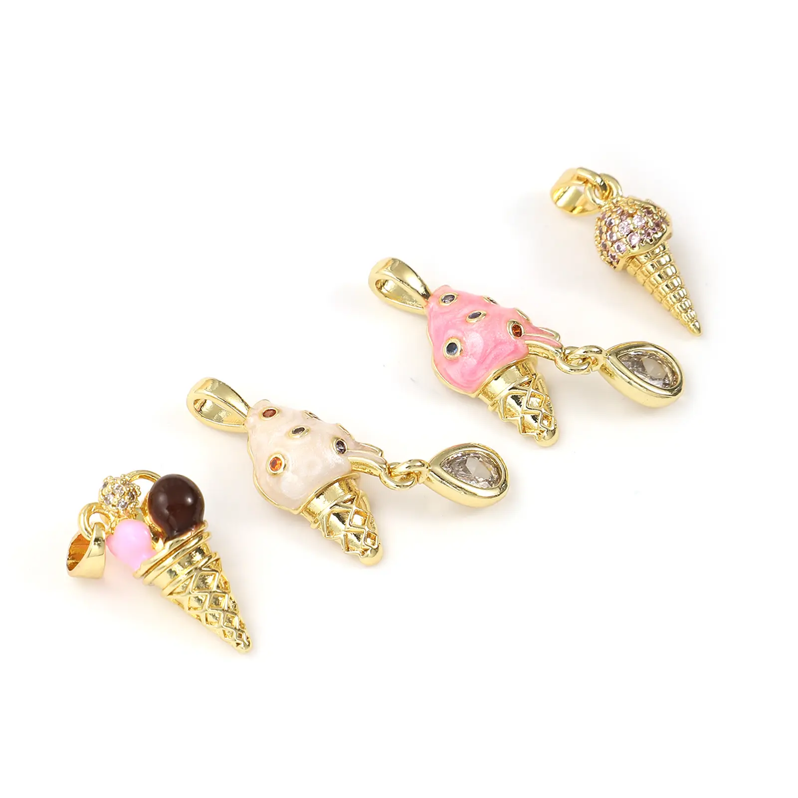 2 PCs Brass & Cubic Zirconia Charms 18K Gold Plated Ice Cream Cone Pendants For DIY Necklace Bracelet Jewelry Making Findings
