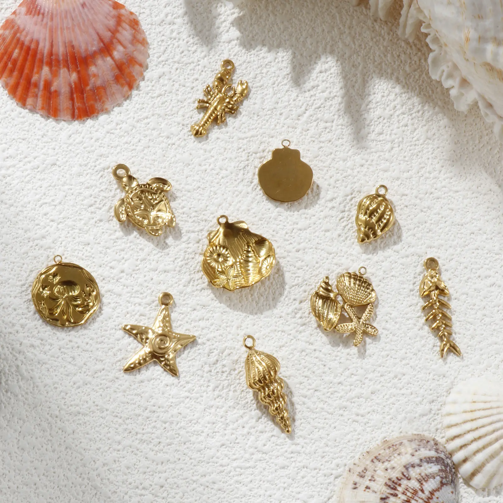 2 PCs 304 Stainless Steel Charms 18K Real Gold Plated Sea Star Conch Shell Fish Lobster Turtle Pendants Forf DIY Jewelry Making