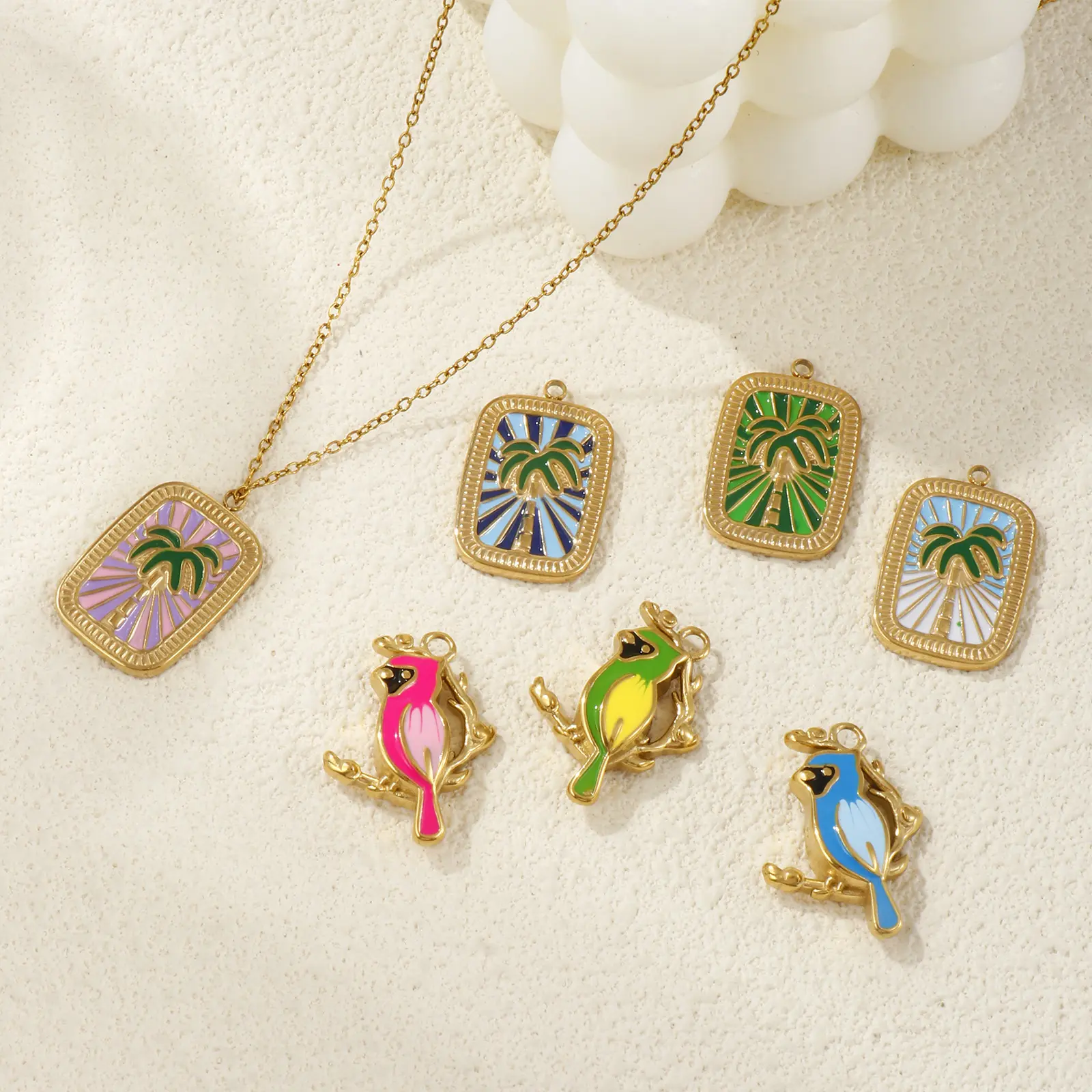 1 Piece 304 Stainless Steel Charms 18K Gold Plated Enamel Rectangle Coconut Tree Parrot Pendant For DIY Neckalce Jewlery Making