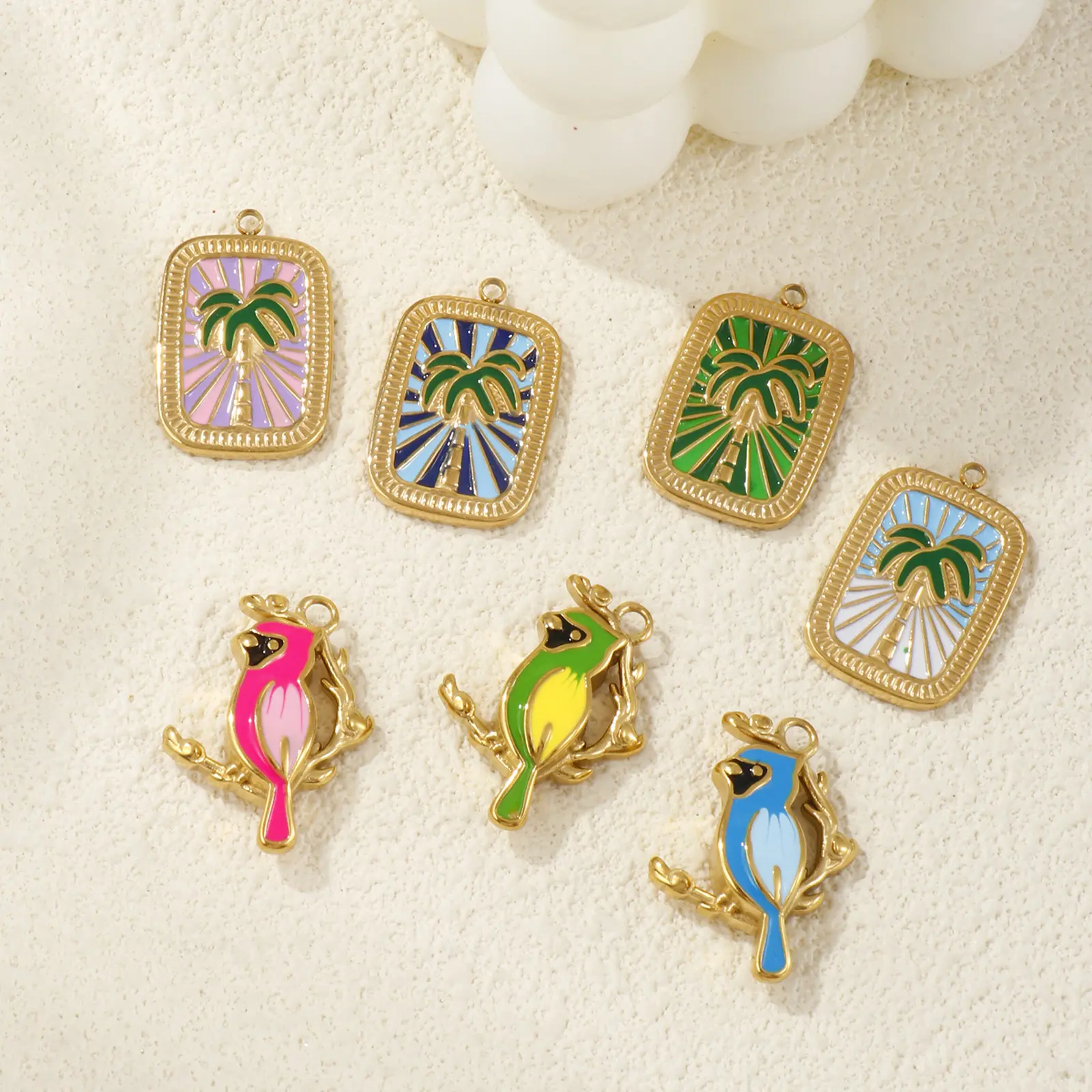 1 Piece 304 Stainless Steel Charms 18K Gold Plated Enamel Rectangle Coconut Tree Parrot Pendant For DIY Neckalce Jewlery Making