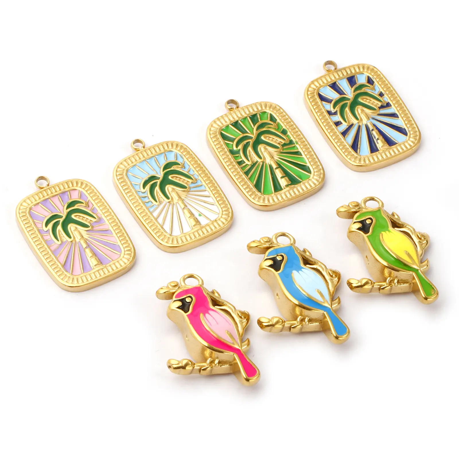 1 Piece 304 Stainless Steel Charms 18K Gold Plated Enamel Rectangle Coconut Tree Parrot Pendant For DIY Neckalce Jewlery Making