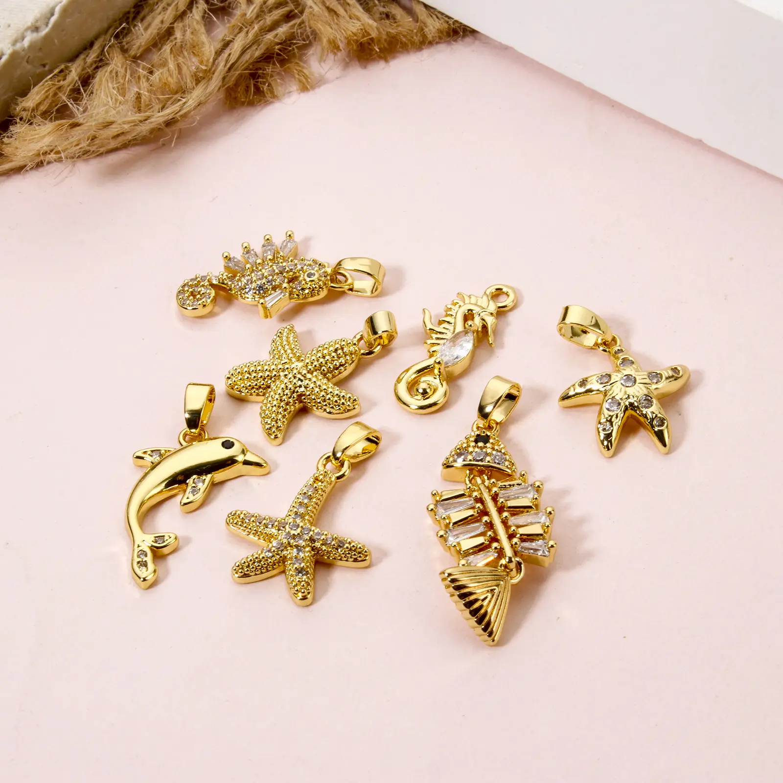 2 Pcs Brass Ocean Charms Gold Plated Dolphin Starfish Fish Seahorse Pendant For DIY Necklace Bracelet Making Jewelry