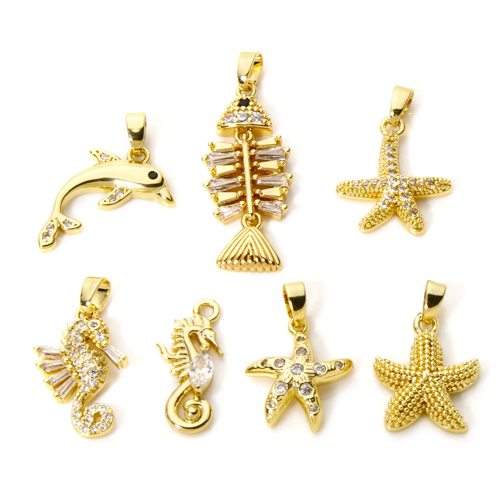 2 Pcs Brass Ocean Charms Gold Plated Dolphin Starfish Fish Seahorse Pendant For DIY Necklace Bracelet Making Jewelry