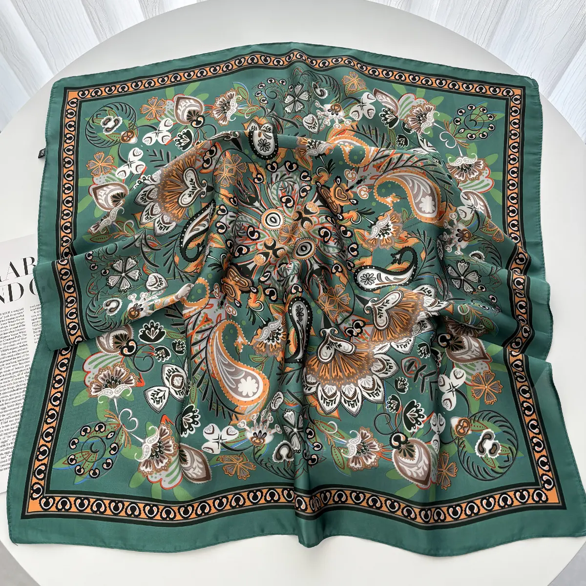 Spring Summer Lotus Print Satin Scarf Square Neckerchief for Women Head Wrap Fashion Decorative Accessory Bandana