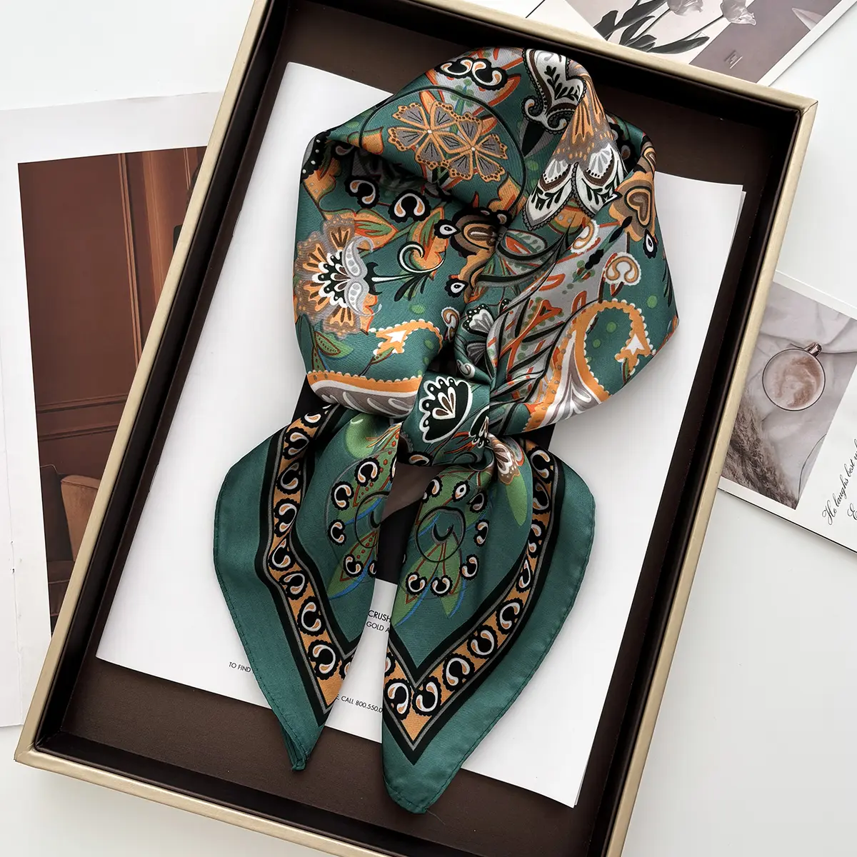 Spring Summer Lotus Print Satin Scarf Square Neckerchief for Women Head Wrap Fashion Decorative Accessory Bandana