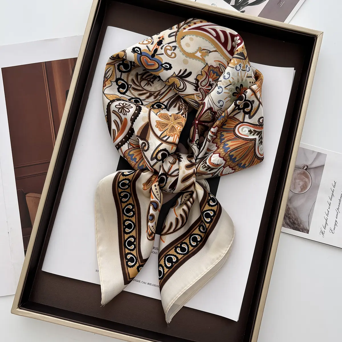 Spring Summer Lotus Print Satin Scarf Square Neckerchief for Women Head Wrap Fashion Decorative Accessory Bandana