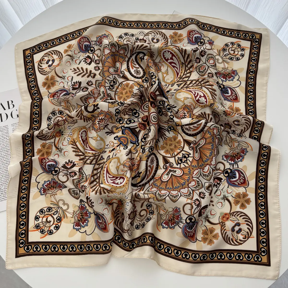 Spring Summer Lotus Print Satin Scarf Square Neckerchief for Women Head Wrap Fashion Decorative Accessory Bandana