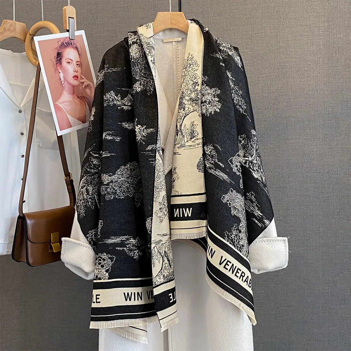 Thick Winter Poncho Women Scarf Luxury Floral Warm Shawl and Wrap Imitation Cashmere Pashmina Blacnket Design Bufanda Echarpe