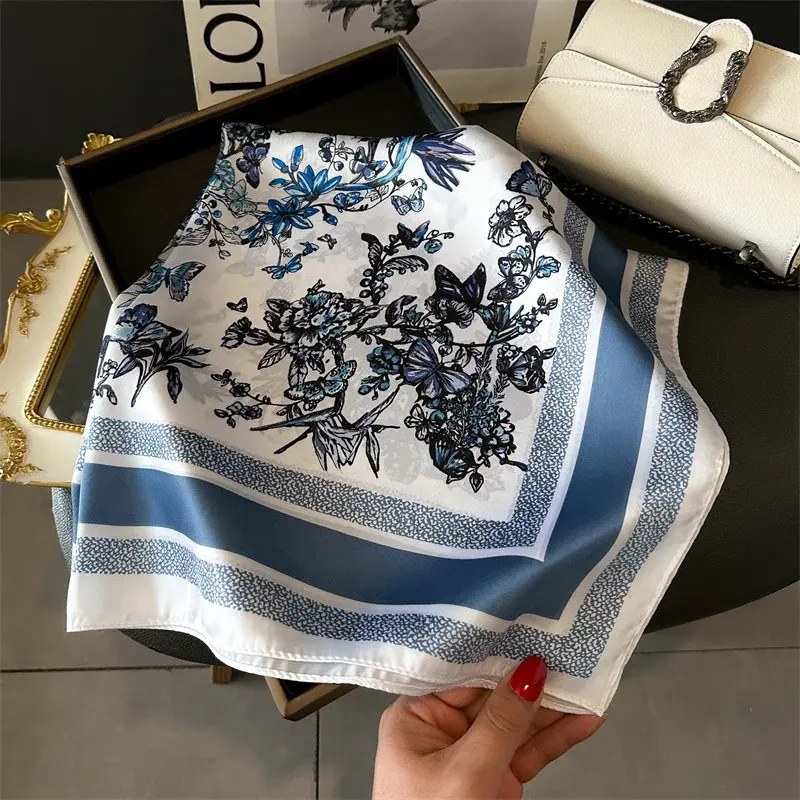 Luxury 2024 Floral Print Square Silk Scarf for Women Hijab Hair Bands Neckerchief Female Satin Shawl Ribbon Headband Fashion