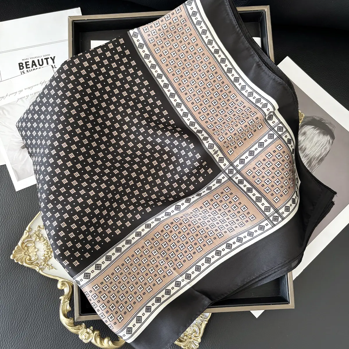 Luxury Rose Print Brand Scarves Soft Satin Square Scarves Neckerchief Women Shawls Hijab Scarf Bandana 70X70CM