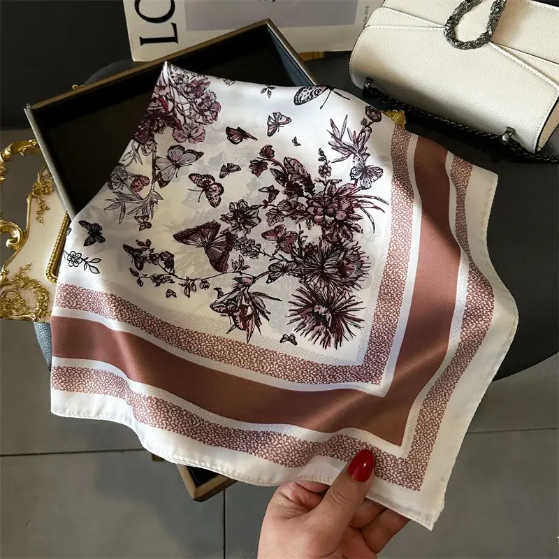Luxury 2024 Floral Print Square Silk Scarf for Women Hijab Hair Bands Neckerchief Female Satin Shawl Ribbon Headband Fashion