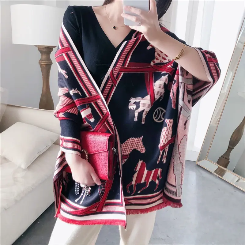Cashmere Winter Scarf Women Warm Thick Pashmina Designer Print Horse Shawls Wraps Lady Soft Blanked Scarfs Bandana