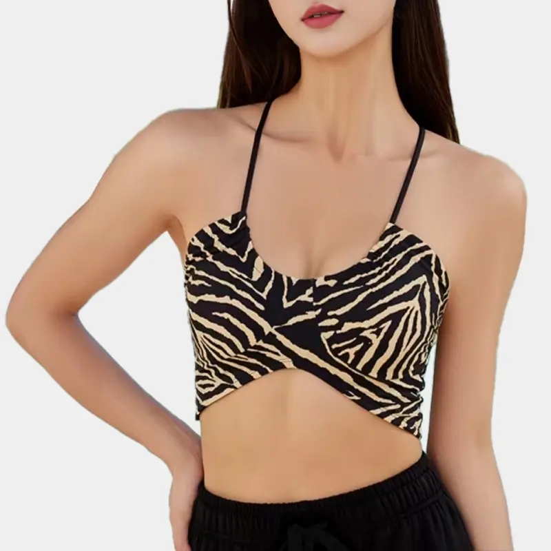 Sexy Leopard Print Hot Girl Suspender Sports Bra with One-piece Beauty Back Wear Thin Belt Yoga Fitness Wear Underwear Summer