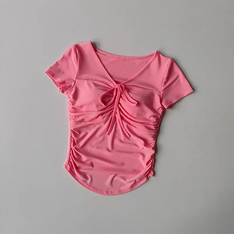 Mesh Sexy Sports Yoga Suit Short-sleeved Women's V-neck Pilates Training Breathable with Chest Pad Slimming Body Shirts Clothing
