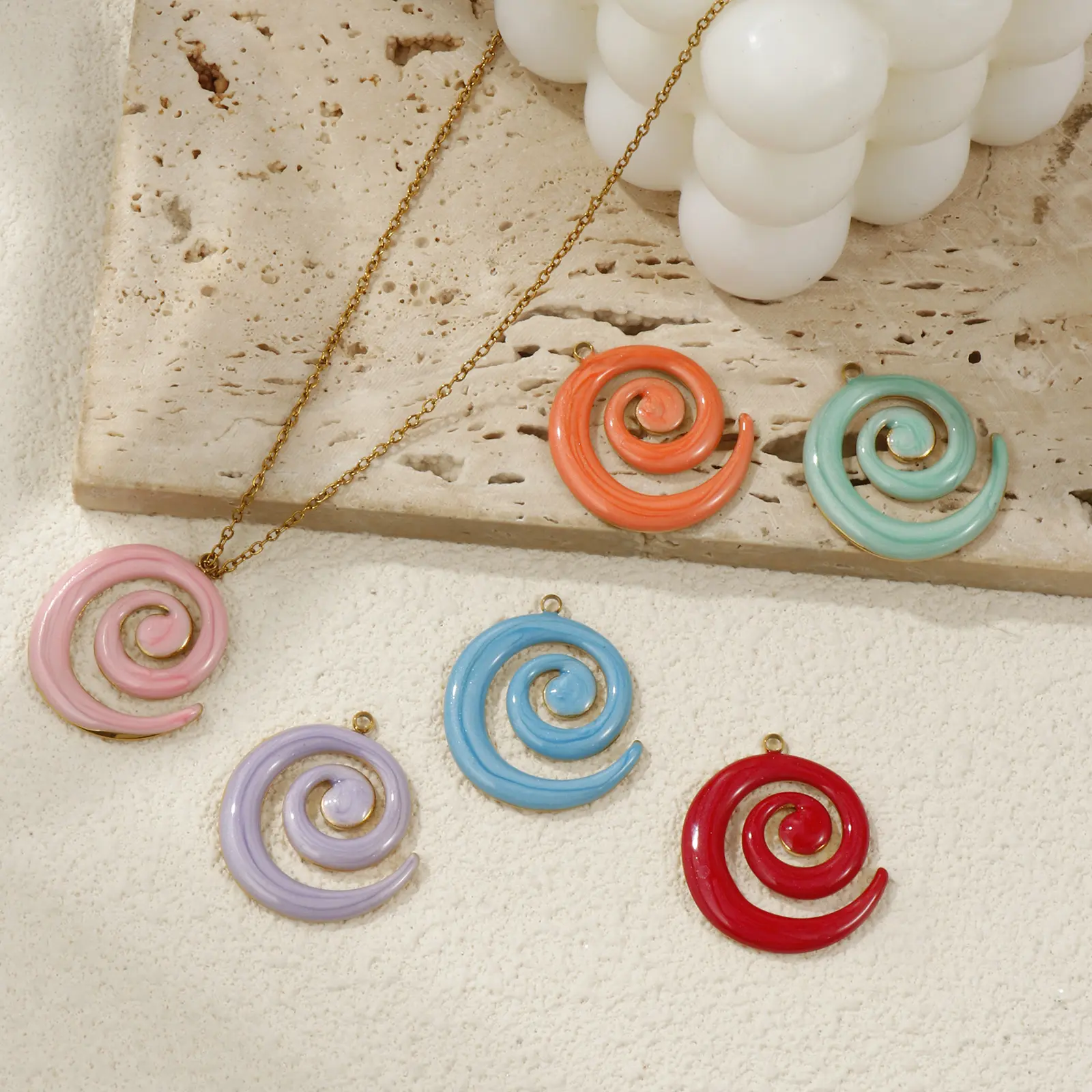 2 PCs 304 Stainless Steel Pendants 18K Gold Plated Enamel Spiral Pearlized Charms For DIY Necklace Jewelry Making 3cm x 2.7cm
