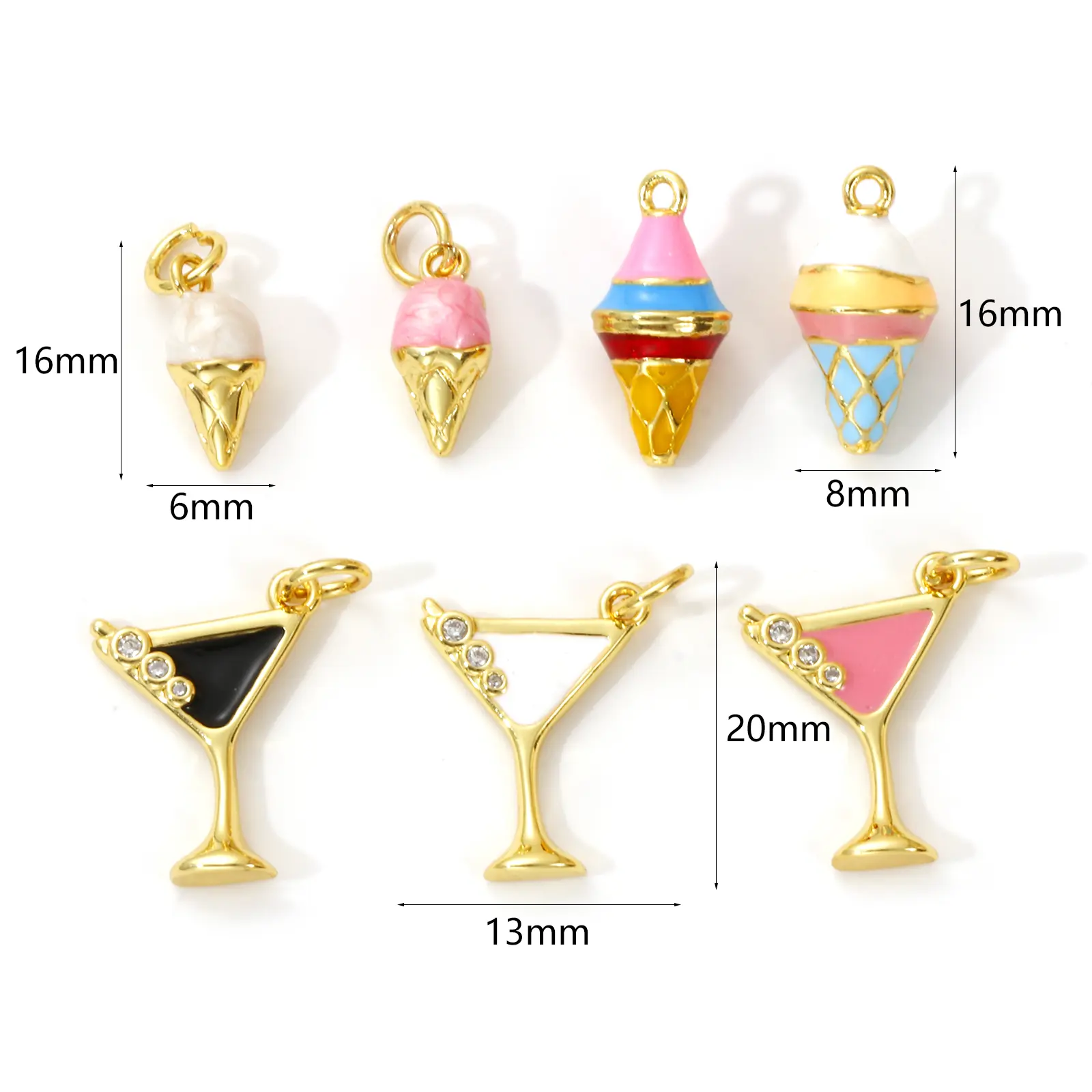2 Piece Brass Charms 18K Gold Plated Multicolor Enamel Wine Glass Ice cream Pendants For DIY Necklace Bracelet Jewelry Making