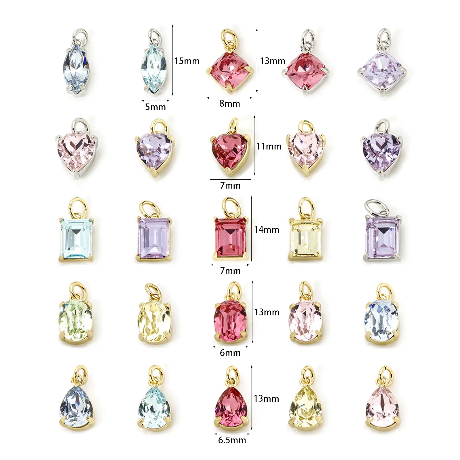 2 Piece Brass & Glass Geometric Charms Plated Water Drop Heart Olivary Multicolor Pendants For Necklace Bracelet Jewelry Making