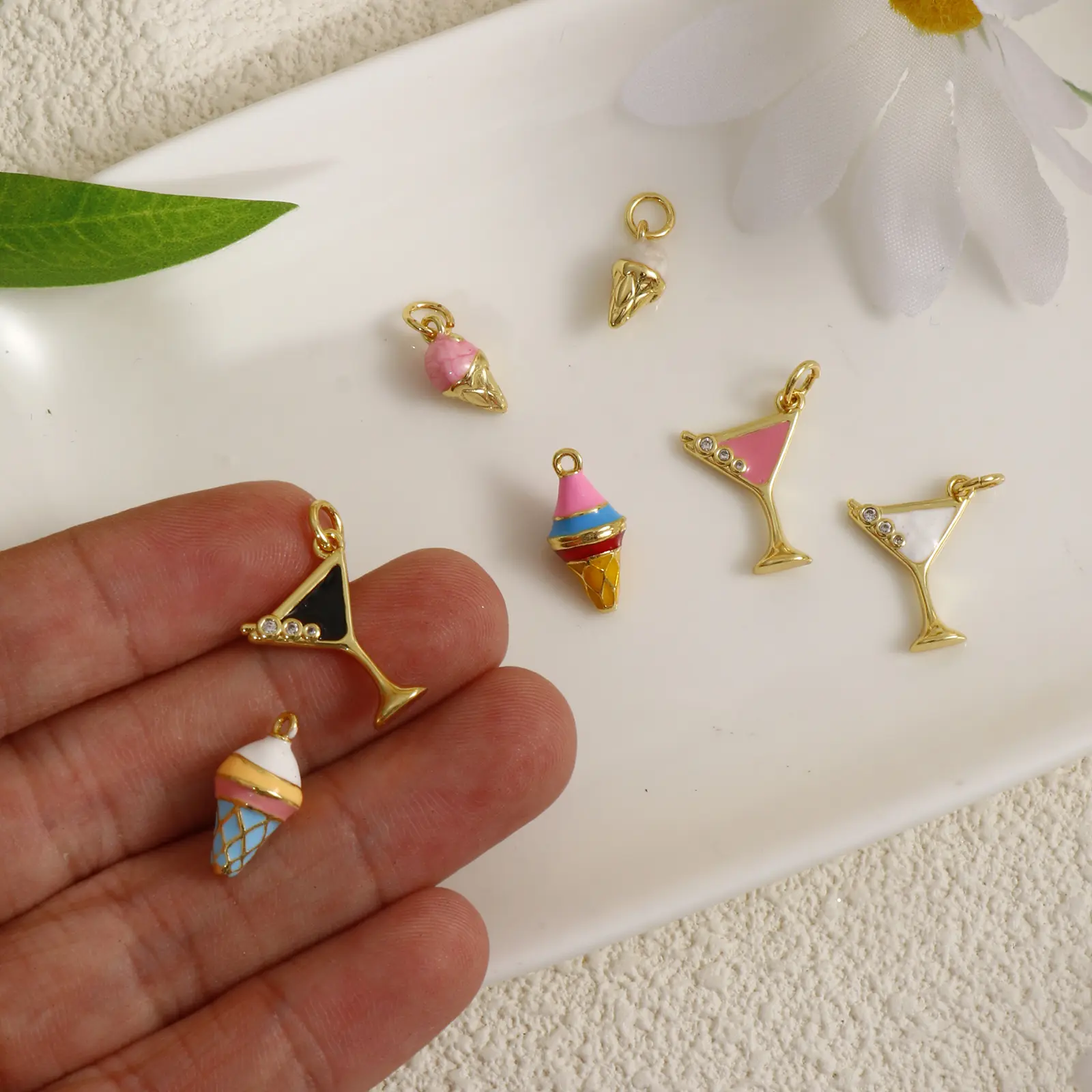 2 Piece Brass Charms 18K Gold Plated Multicolor Enamel Wine Glass Ice cream Pendants For DIY Necklace Bracelet Jewelry Making