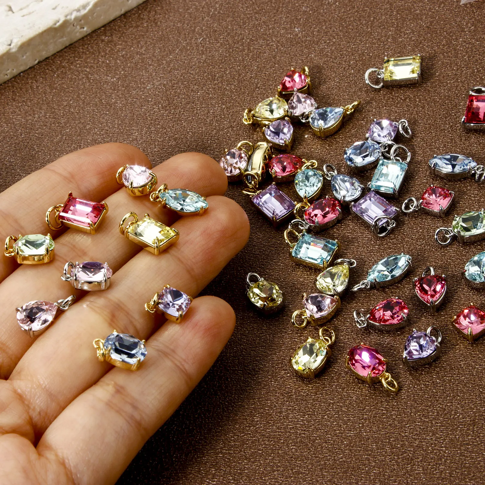 2 Piece Brass & Glass Geometric Charms Plated Water Drop Heart Olivary Multicolor Pendants For Necklace Bracelet Jewelry Making